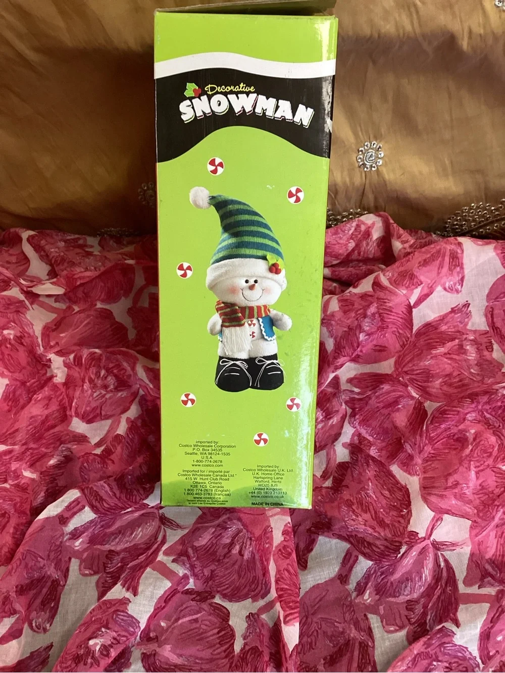 Plush Holiday Snowman with Green Striped Hat and Red-Green Scarf
